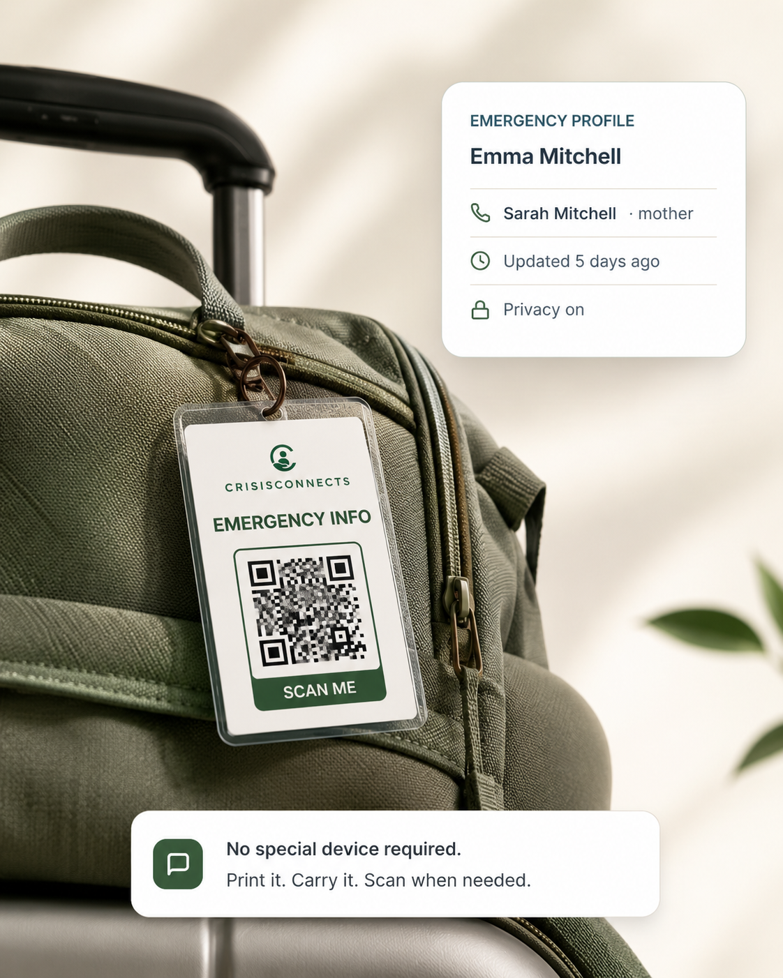 CrisisConnects profile card on a school bag